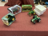 3 John Deere die cast 2 tractors and a plow - 2 are like new and one has