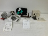 Vintage powder scale and Cannelure tool, camp stove,