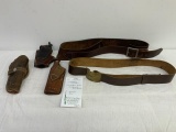 3 Leather Holsters, 2 Leather Belts ( 1 with Russian Belt Buckle)