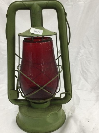 green embury barn lantern with red shade-dent