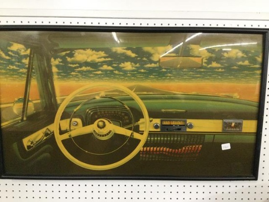 vtg wall hanging picture of car dashboard w/ radio &