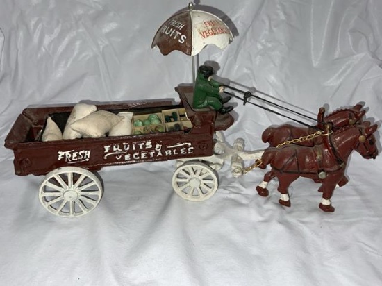modern cast iron fruits & veggies horse drawn wagon