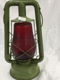 green embury barn lantern with red shade-dent