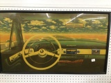 vtg wall hanging picture of car dashboard w/ radio &
