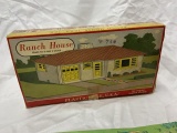 3 sealed plasticville kits-- 2 barns & ranch house +plasticville brochure