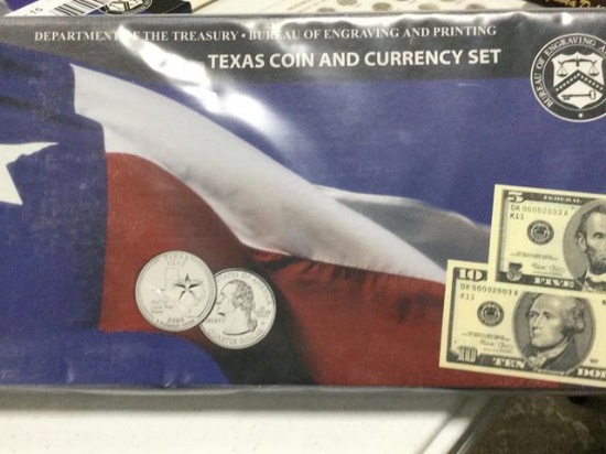Texas Coin & Currency Set includes 2- 25c, $1, $2, $5 & $10