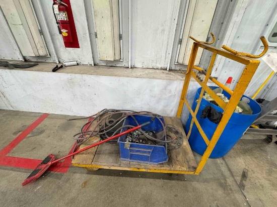 Cart w/ Misc Scrap, Hose & Broom