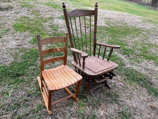 (4) Wooden Rocking Chairs and (1) wooden chair