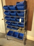 Rolling Metal Shelf and Plastic Boxes