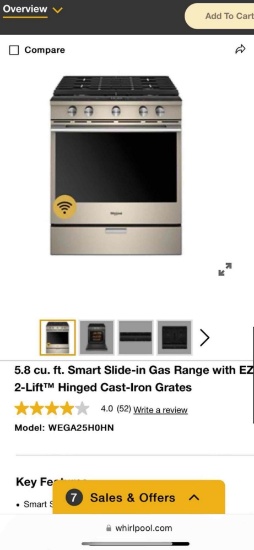 New/Unused 5.8 Cu. Ft Smart Slide in Gas Range
