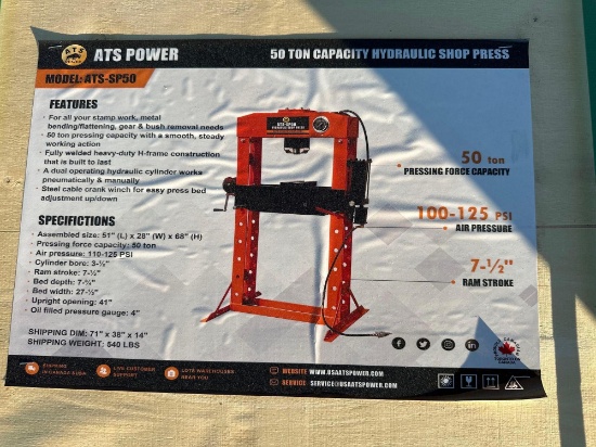 New/Unused ATS 50 Ton Hydraulic Shop Press