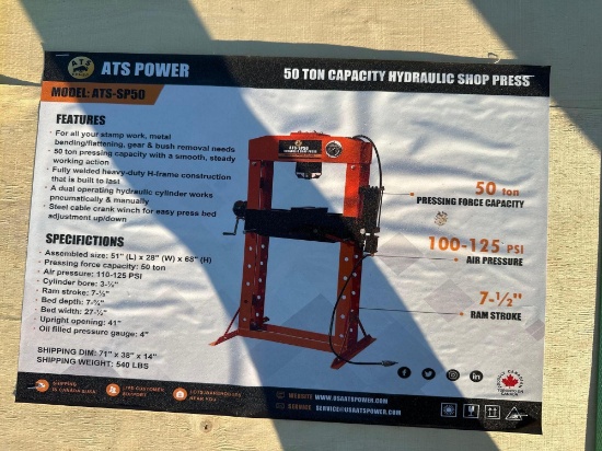 New/Unused ATS 50 Ton Hydraulic Shop Press