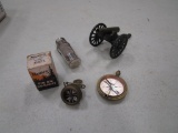 Lot including marbles match safe, compass with box, and more