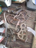 Lot of antiques including pully, pole climbers, and fish spear