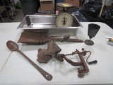 Lot of Antiques, including Silver Plate Chalice, Apple Peeler, Kitchen Scale & Ash Shovel