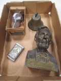 Lot of Antiques including a Brass Bell, Abe Lincoln Bank, Masonic Lighter Cover & Wallpaper Trimmer