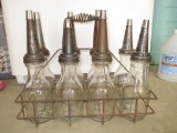 Lot of 8 Vintage Glass Oil Bottles with Rack