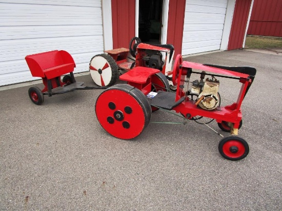 110-14 Vintage Folk Art Wooden Gas Power Ride on Tractor w/ Cart