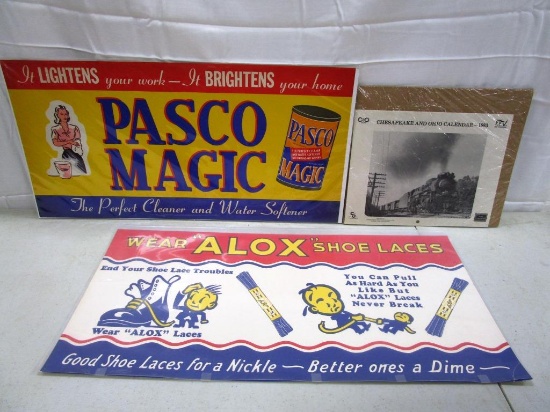106-25 Lot of (2) Vintage Paper Signs and Train Calendar