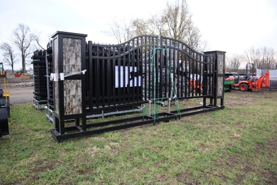 127-104 NEW 20' Farm Iron Gate w/ Posts - Leaping Deer