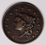 1836 LARGE CENT CH BROWN AU. NICE COIN! 1836 LARGE CENT CH BROWN AU. NICE COIN! ESTIMATE: $150-$200