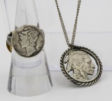 MERCURY DIME RING AND BUFFALO NICKEL NECKLACE 1944 MERCURY SILVER DIME RING AND 1936 BUFFALO NICKEL
