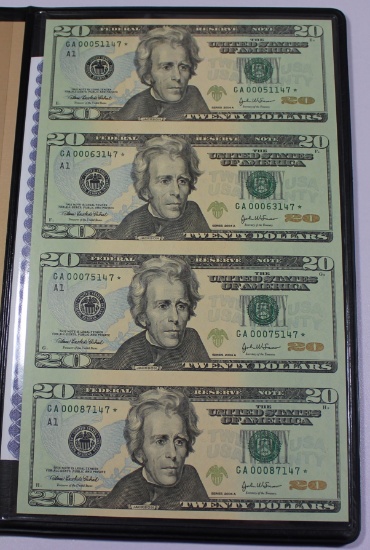 WORLD RESERVE UNCUT SHEET OF (4) $20