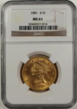 1881 $10 LIBERTY GOLD NGC MS 61