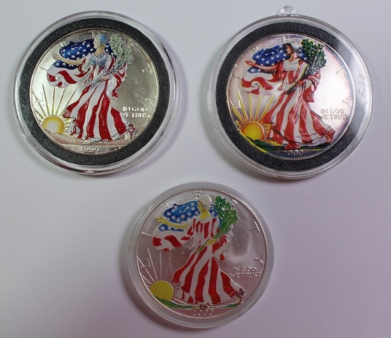 3 COLORIZED AMERICAN SILVER EAGLES