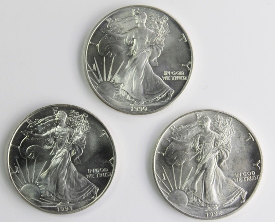 1990, 1992 AND 1993 AMERICAN SILVER EAGLES