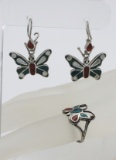 .925 & RED AND TURQUOISE ENAMEL BUTTERFLY SET
