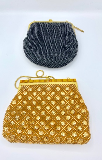 LOT OF TWO VINTAGE BEADED  PURSES, BLACK AND GOLD