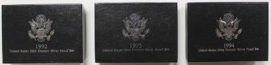 U.S. SILVER PREMIER PROOF SETS: 1992,1993 & 1994