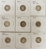 (9) DIMES - BARBER AND BUST HALF DIMES