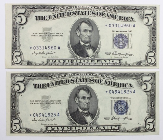 TWO 1953 $5.00 SILVER CERTIFICATES