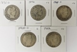 (5) BARBER HALF DOLLARS