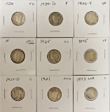 (9) DIMES - LIBERTY SEATED HALF DIMES & MERCURY