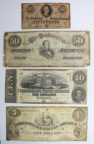 LOT OF FOUR DIFFERENT CONFEDERATE NOTES