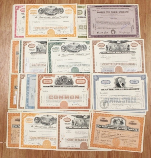 100 MIXED LARGE AVATION AND RAILROAD STOCK CERTS