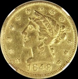 1849 $5 MOFFAT & CO GOLD NGC AU 50