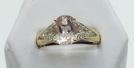 14K Y GOLD OVAL KUNZITE & DIAMOND RING