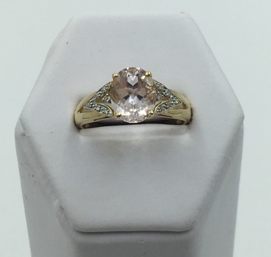 14K Y GOLD OVAL KUNZITE & DIAMOND RING