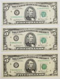 THREE 1981 $5.00 FEDERAL RESERVE NOTES