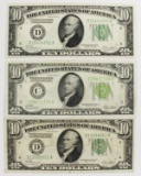 THREE 1928-B $10.00 FEDERAL RESERVE NOTES