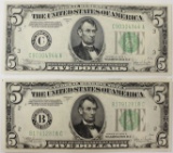 TWO 1934-C $5.00 FEDERAL RESERVE NOTES