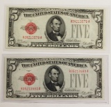 2 PCS. 1928 $5.00 UNITED STATES NOTES