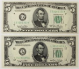 TWO 1950 $5.00 FEDERAL RESERVE NOTES: