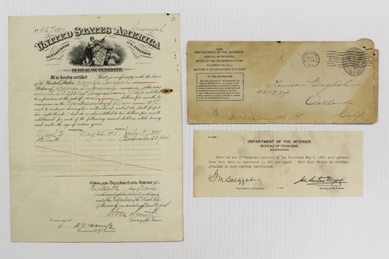 ORIGINAL FRAMABLE DEPT. OF INTERIOR PENSION CERT.