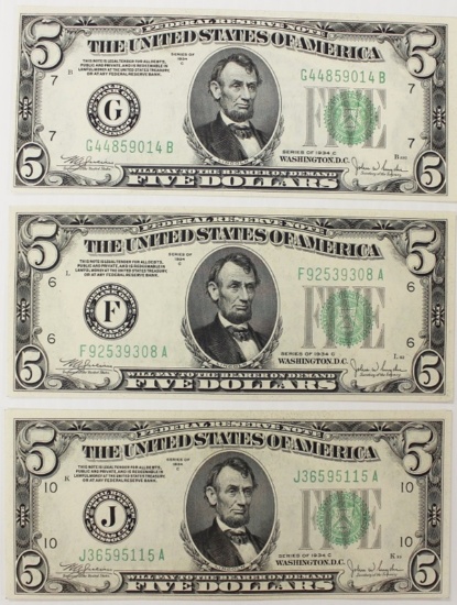 THREE 1934-C $5.00 FEDERAL RESERVE NOTES: