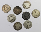 EIGHT DIFFERENT CIRCULATED BARBER HALF DOLLARS
